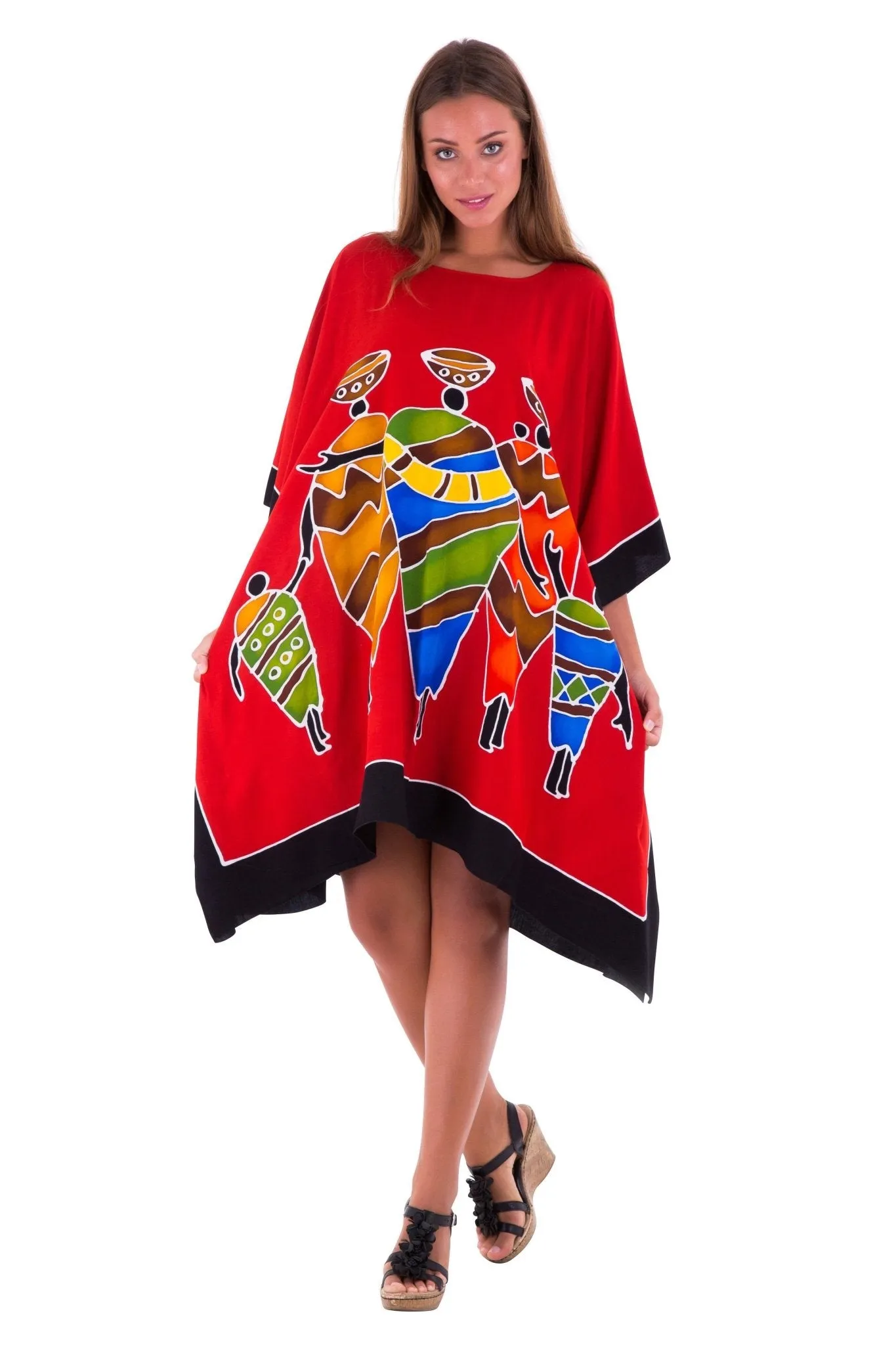 SHU-SHI Women's Short Kaftan Dress - Hand-Painted Tribal Poncho Tunic, Plus Size Swim Cover-Up