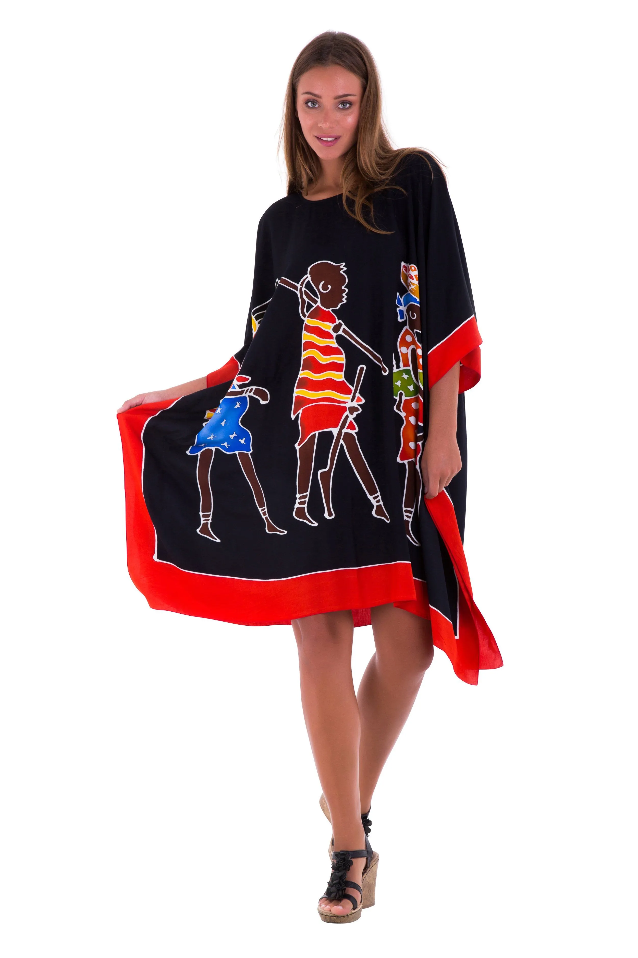 SHU-SHI Women's Short Kaftan Dress - Hand-Painted Tribal Poncho Tunic, Plus Size Swim Cover-Up