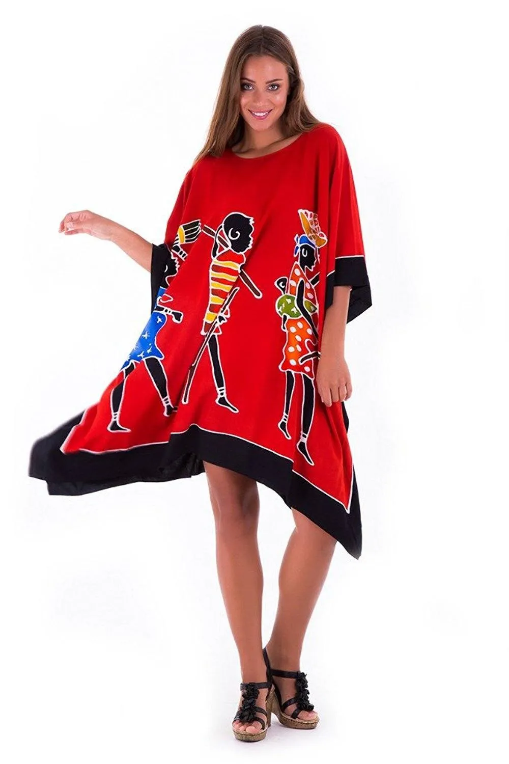 SHU-SHI Women's Short Kaftan Dress - Hand-Painted Tribal Poncho Tunic, Plus Size Swim Cover-Up