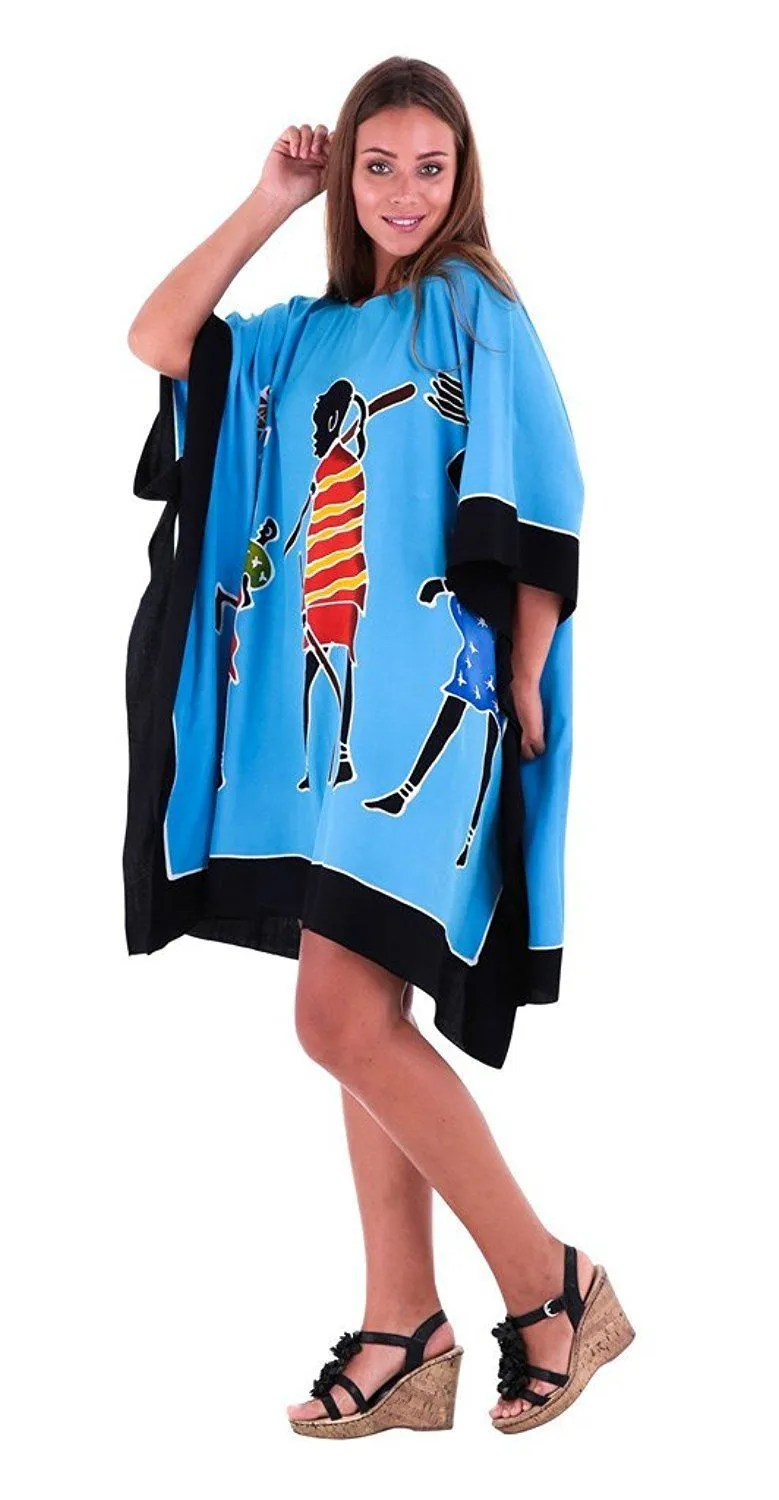 SHU-SHI Women's Short Kaftan Dress - Hand-Painted Tribal Poncho Tunic, Plus Size Swim Cover-Up