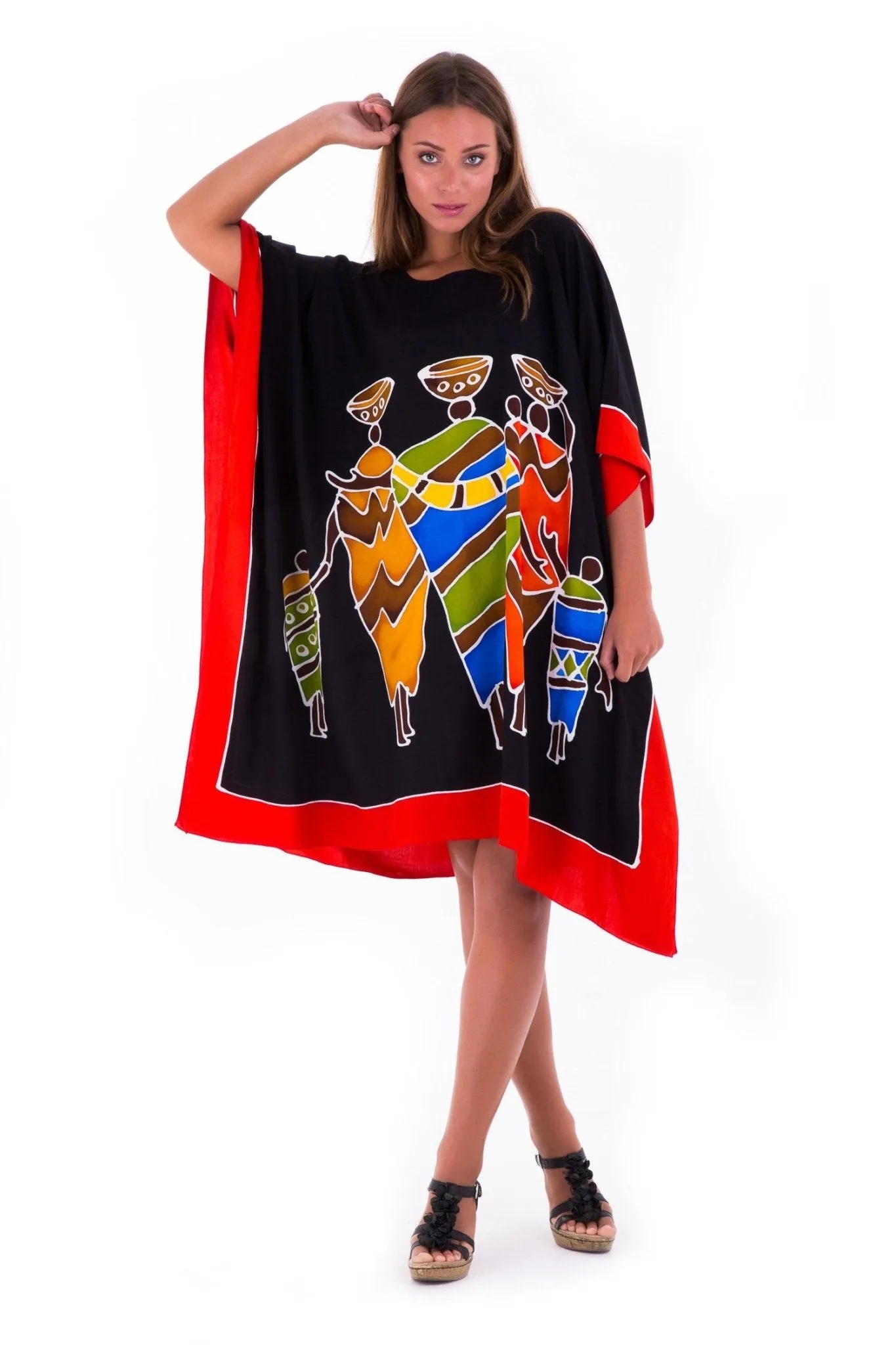 SHU-SHI Women's Short Kaftan Dress - Hand-Painted Tribal Poncho Tunic, Plus Size Swim Cover-Up