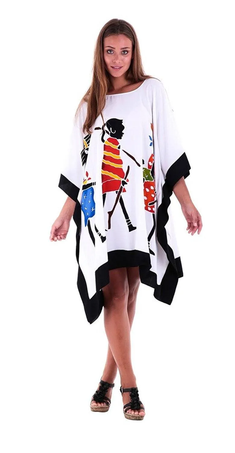 SHU-SHI Women's Short Kaftan Dress - Hand-Painted Tribal Poncho Tunic, Plus Size Swim Cover-Up