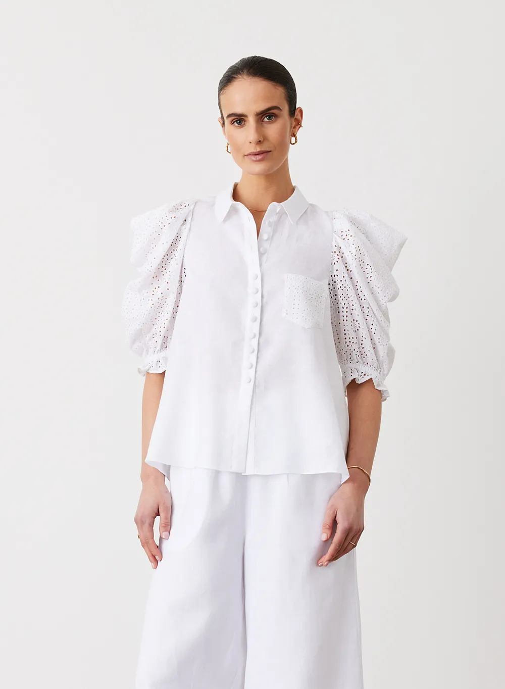 Sienna Linen Cotton Broderie Shirt | Optical White