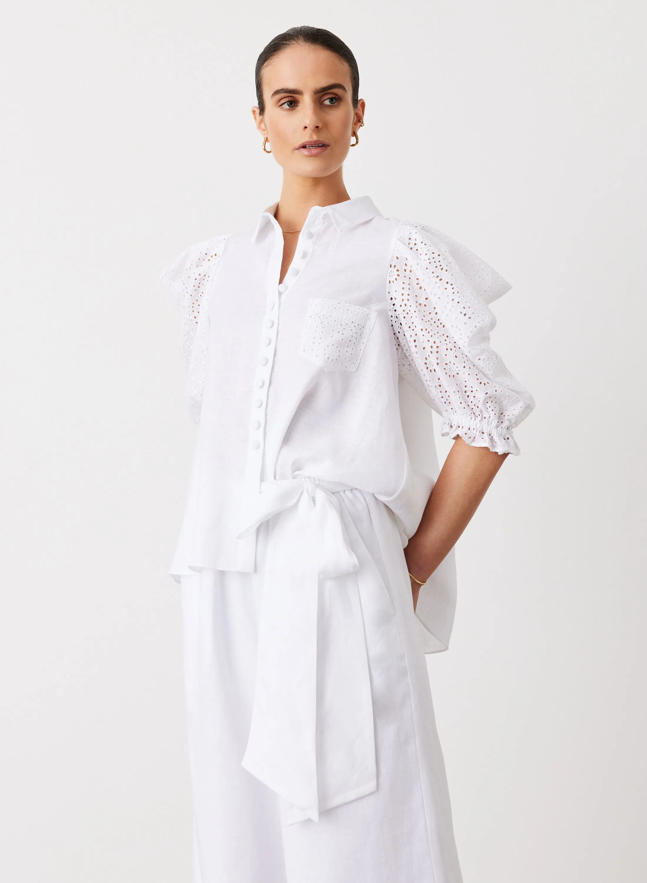 Sienna Linen Cotton Broderie Shirt | Optical White