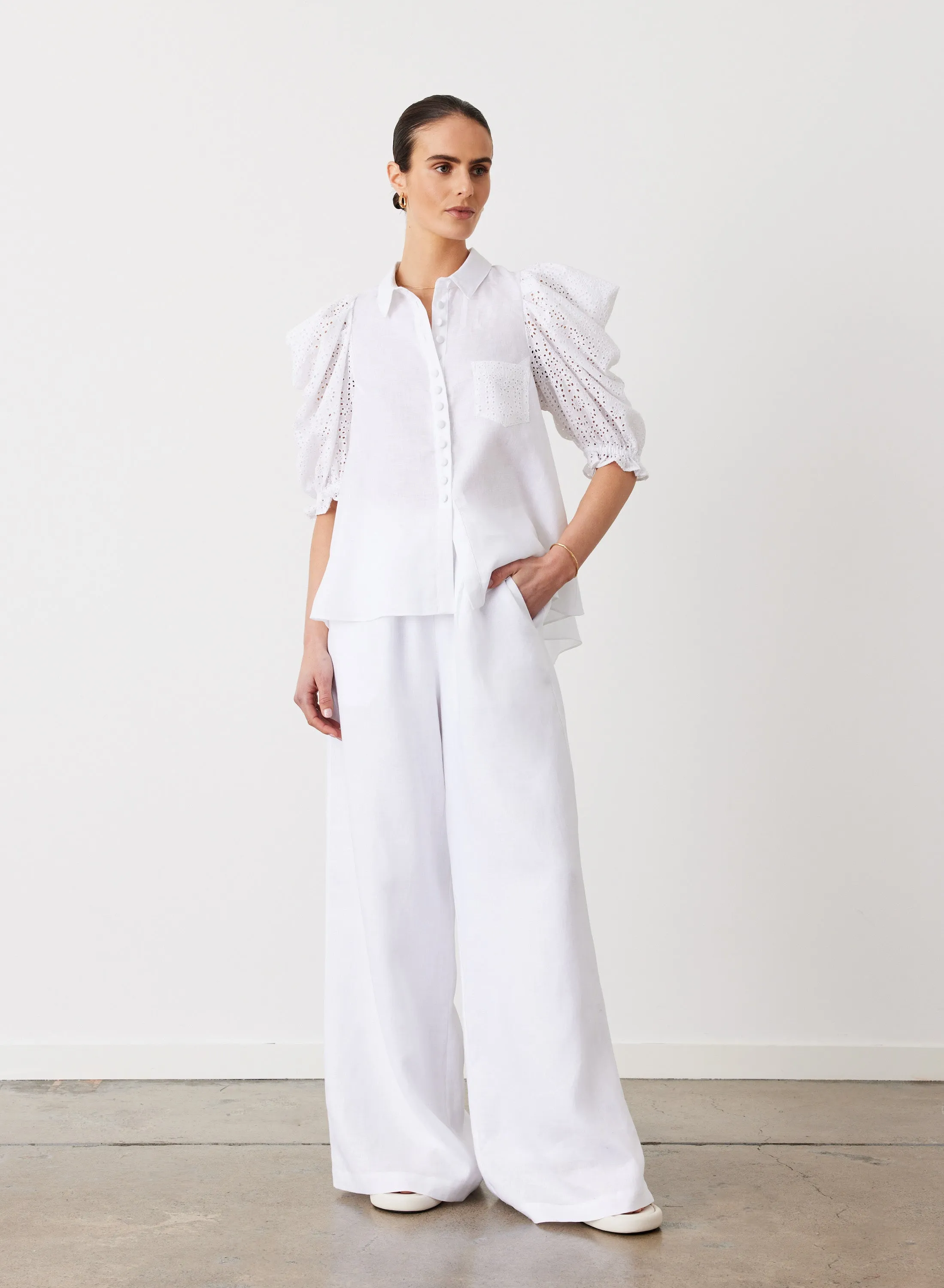 Sienna Linen Cotton Broderie Shirt | Optical White