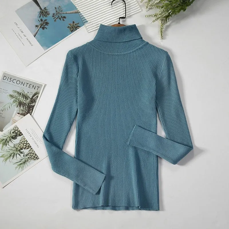 Slim-fit Solid Colored Knitted Turtleneck Pullover Sweaters