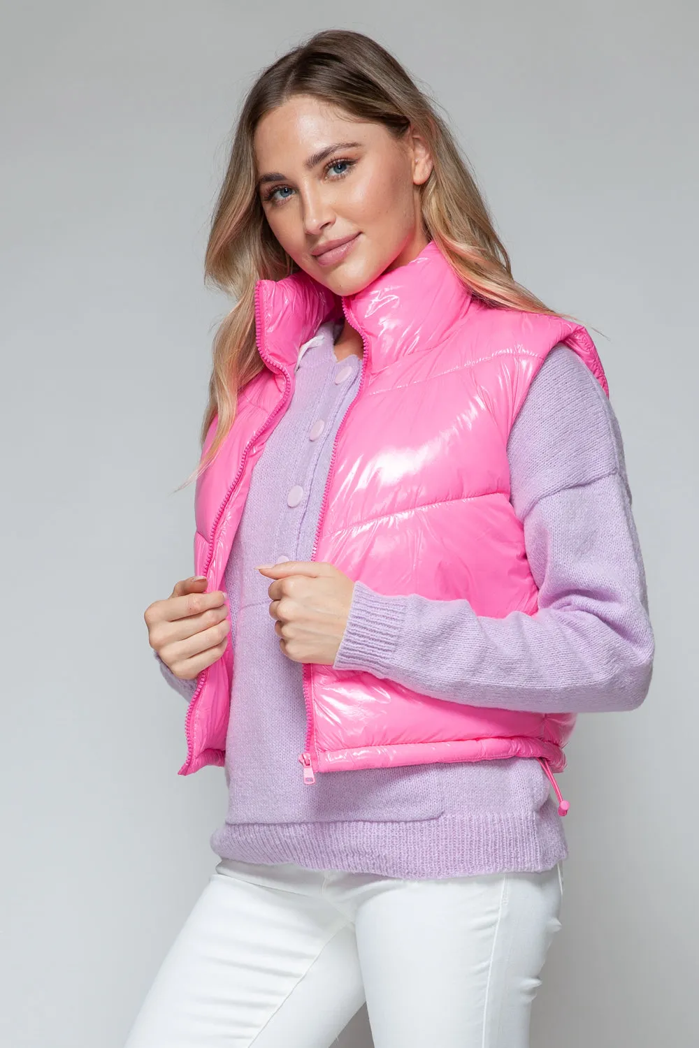 Snobbish Zip Up Turtleneck Shiny Quilted Vest