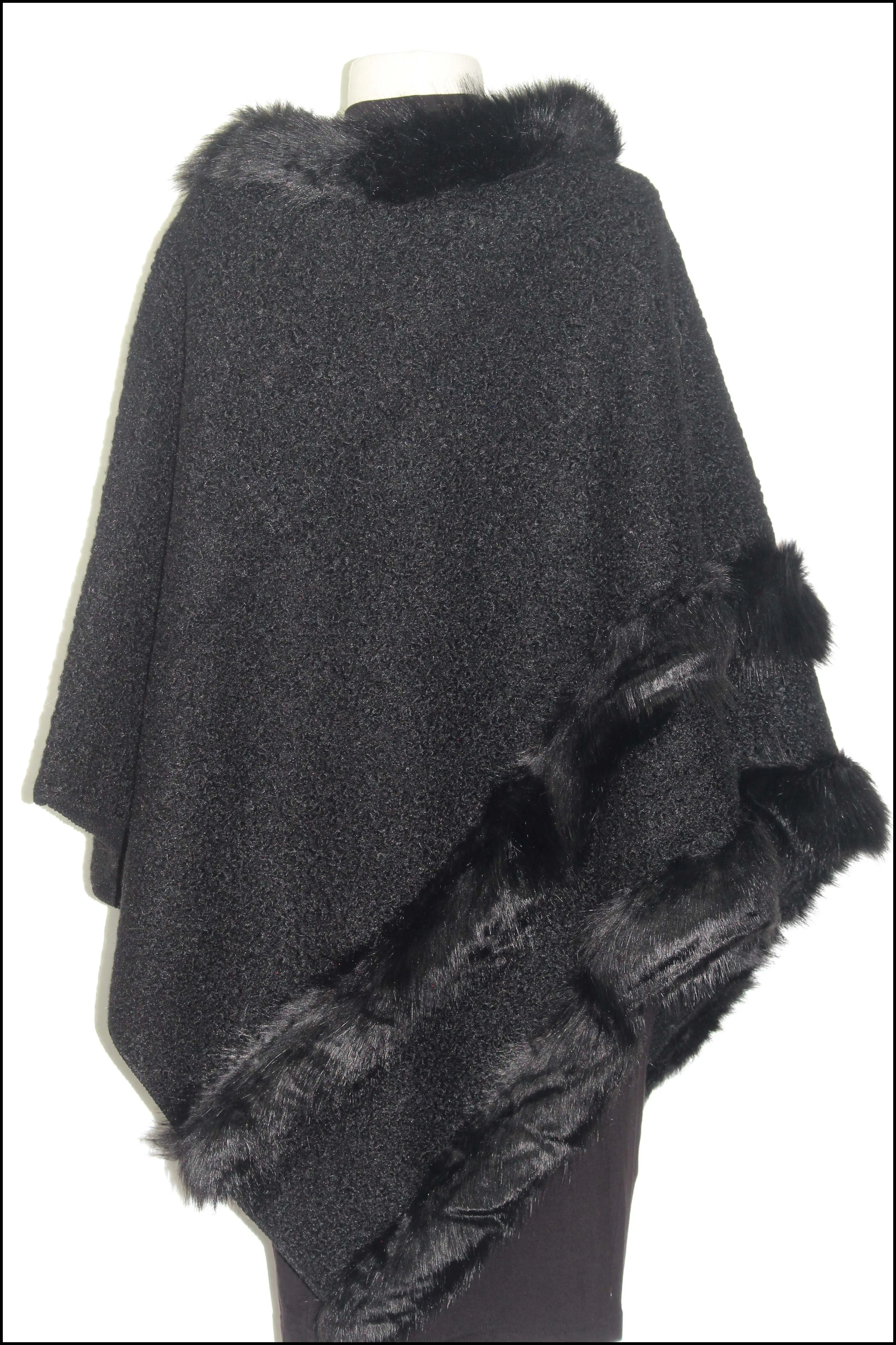 Soft Knit Poncho w/Faux Fur Trim