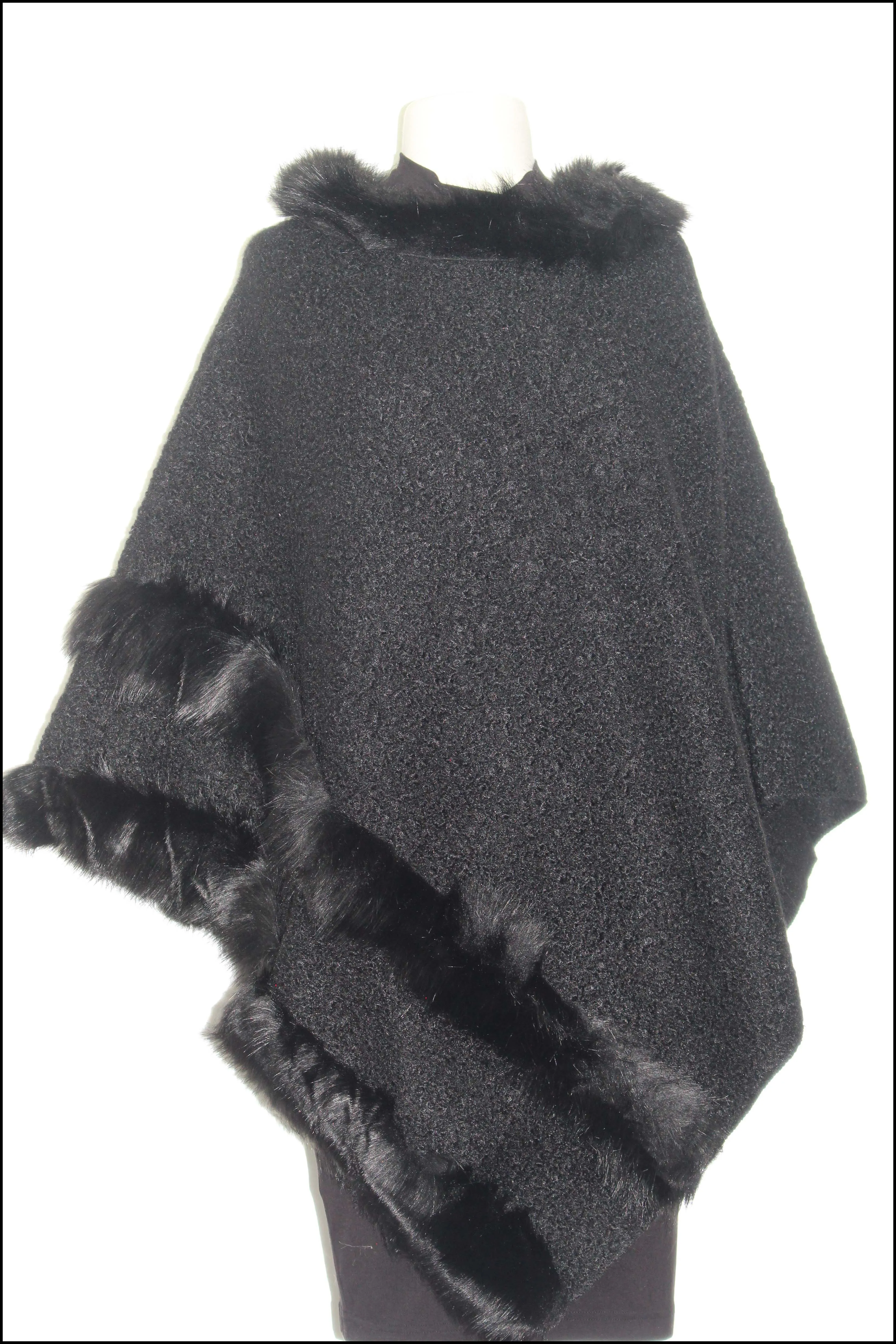 Soft Knit Poncho w/Faux Fur Trim