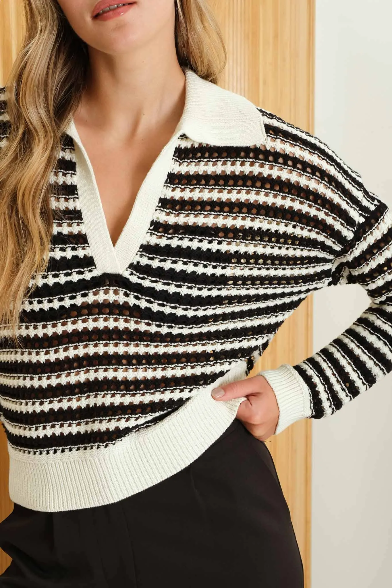 STRIPE COLLARED LONG SLEEVE CROCHET KNIT SWEATER