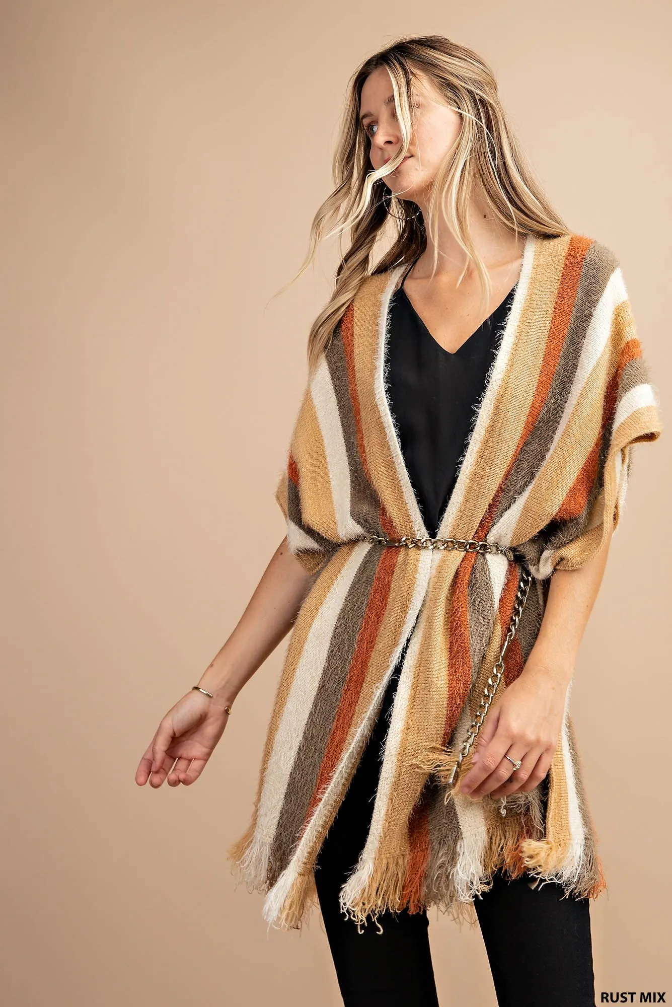 Stripe hairy yarn sweater poncho