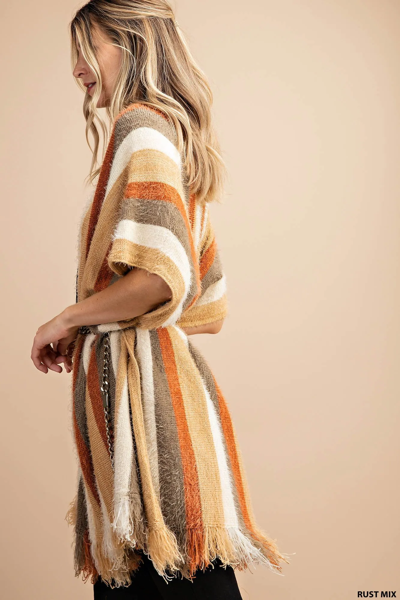 Stripe hairy yarn sweater poncho