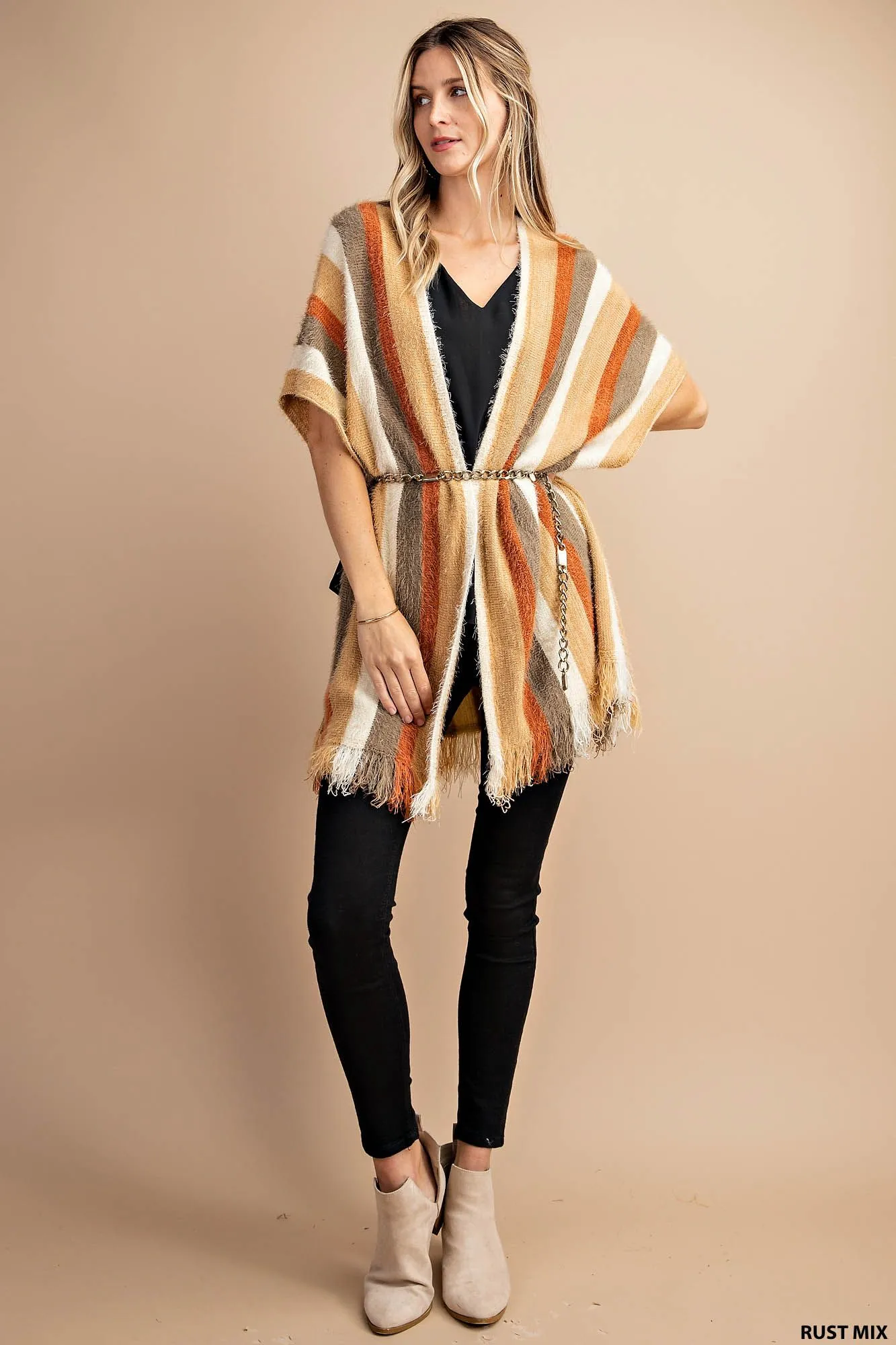 Stripe hairy yarn sweater poncho