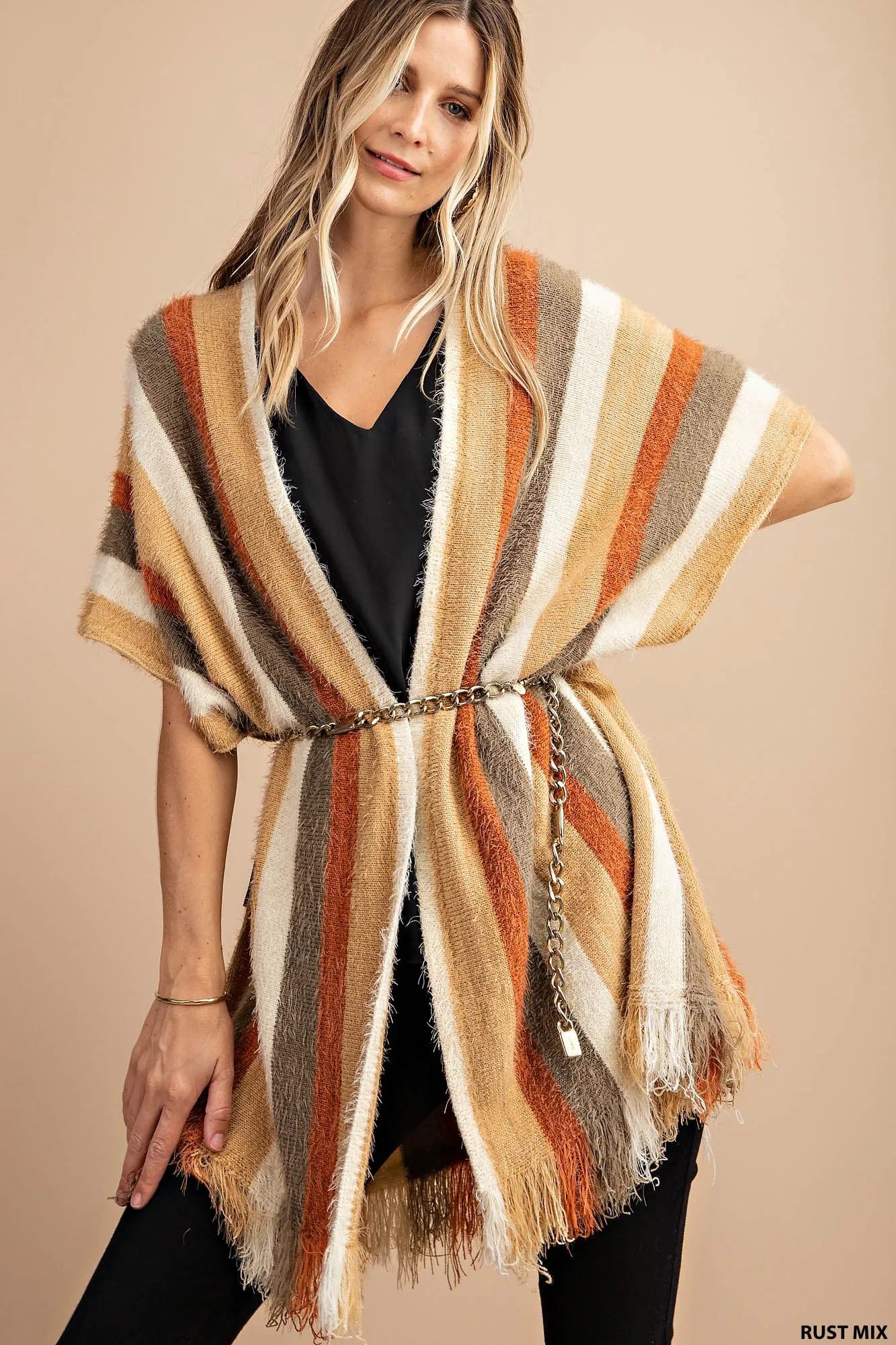 Stripe hairy yarn sweater poncho