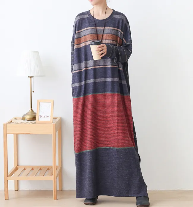 Stripe Loose Plus Size Dress Knit Women Autumn Spring Fashion Long Sleeve DressesAMT962328