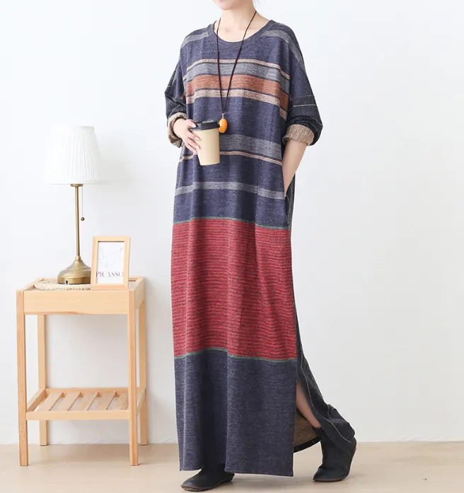 Stripe Loose Plus Size Dress Knit Women Autumn Spring Fashion Long Sleeve DressesAMT962328