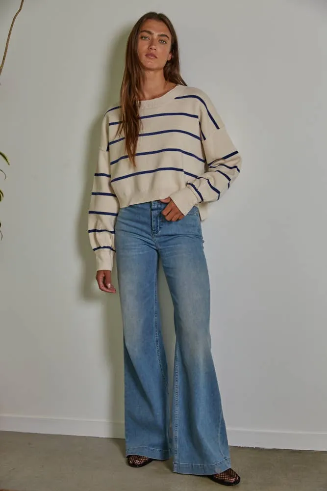 Striped Crew Neck Long Sleeve Pullover Sweater Top