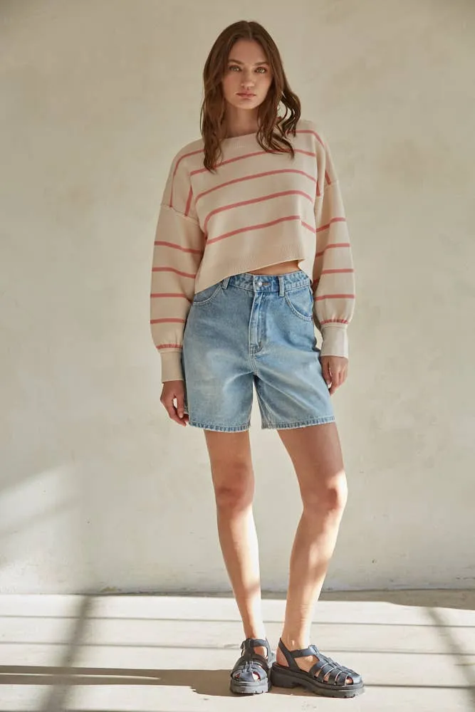 Striped Crew Neck Long Sleeve Pullover Sweater Top