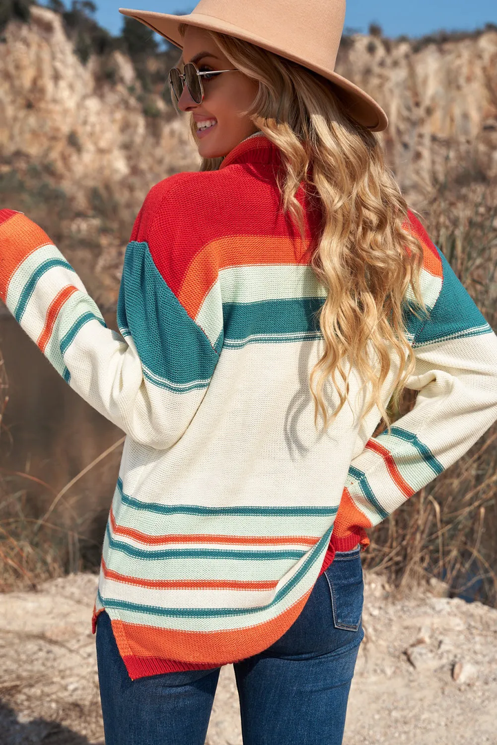 Striped Turtleneck Drop Shoulder Sweater