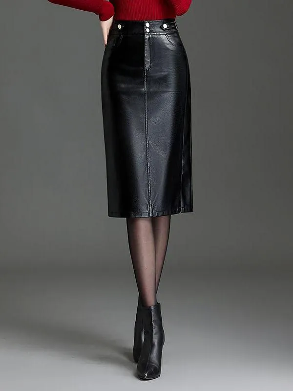 Stylish High-waisted Side Slit PU Leather Pencil Skirt