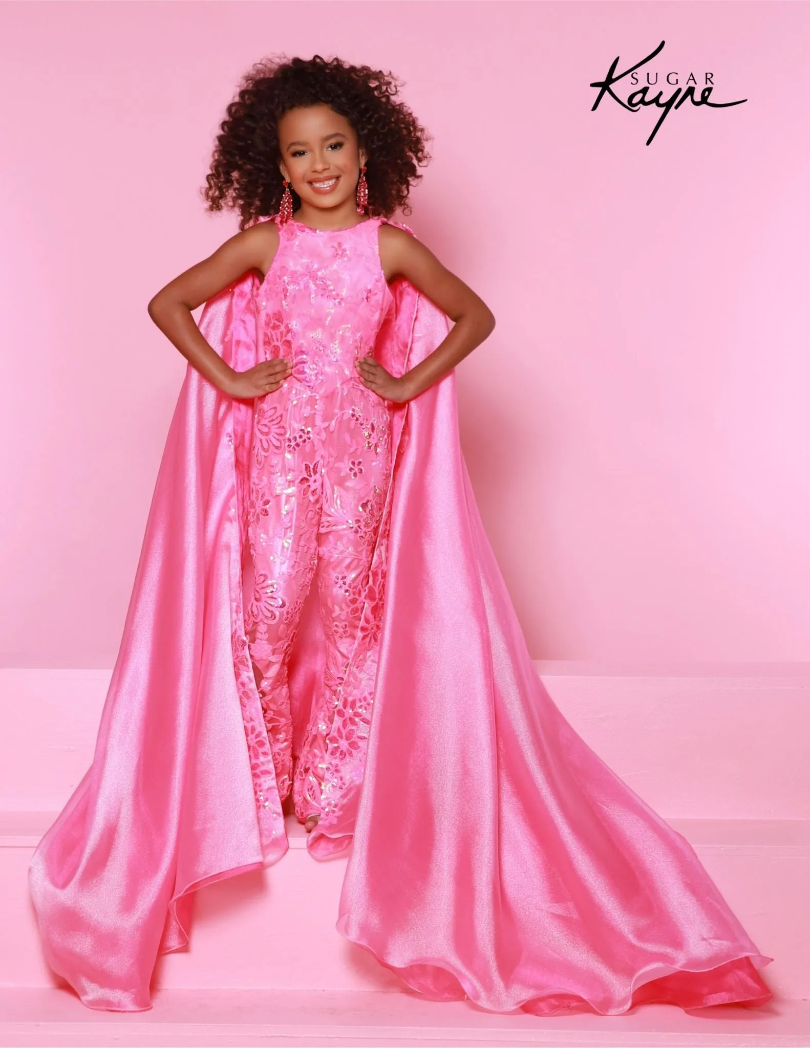 Sugar Kayne C337  Girls Pageant Jumpsuit Sequin Mesh and Shimmer Organza  Cape Fun Fashion