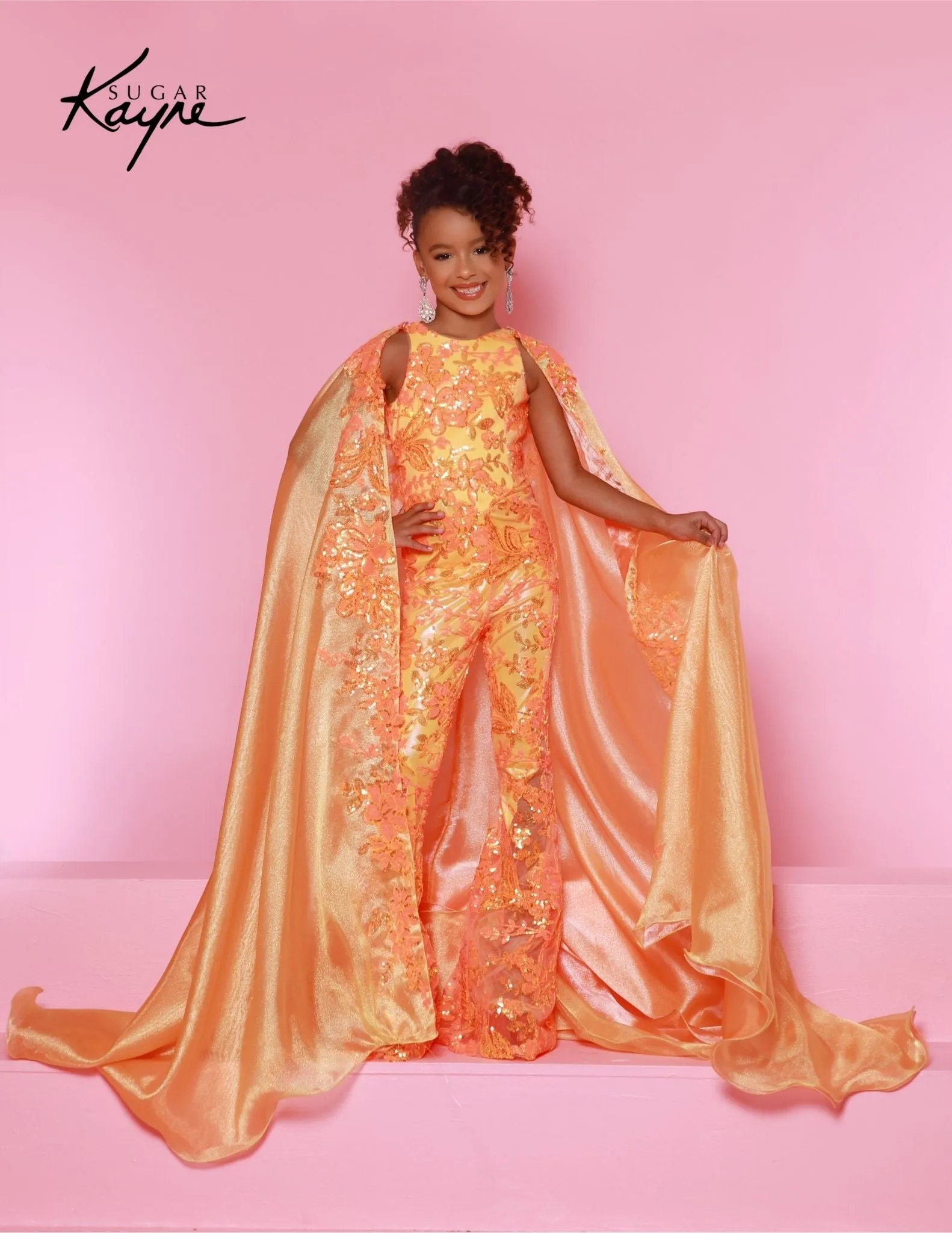 Sugar Kayne C337  Girls Pageant Jumpsuit Sequin Mesh and Shimmer Organza  Cape Fun Fashion