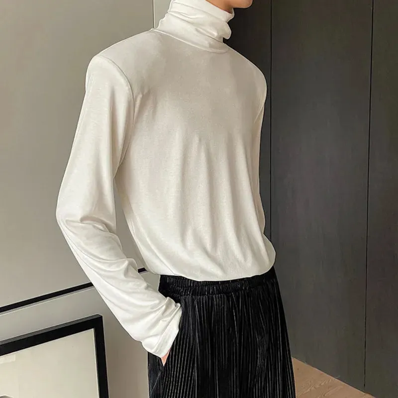 Summer Autumn Men's T-shirt Long Sleeve Turtleneck Simple Solid Color Korean Male Top Shoulder Pad Chic Tees 9A2222