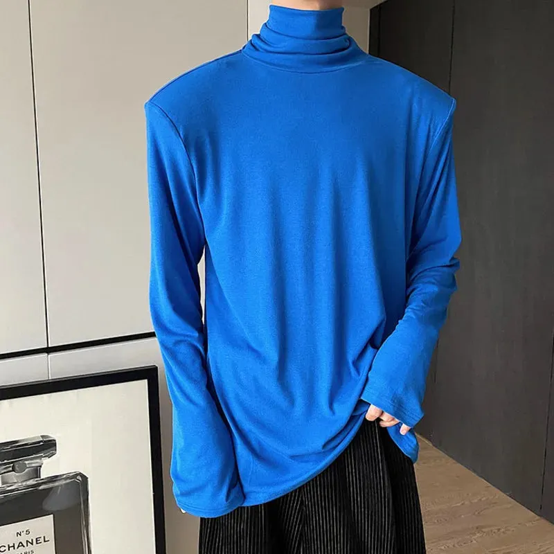 Summer Autumn Men's T-shirt Long Sleeve Turtleneck Simple Solid Color Korean Male Top Shoulder Pad Chic Tees 9A2222