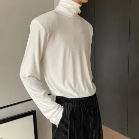 Summer Autumn Men's T-shirt Long Sleeve Turtleneck Simple Solid Color Korean Male Top Shoulder Pad Chic Tees 9A2222