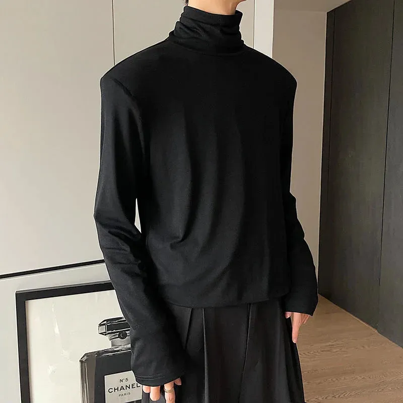 Summer Autumn Men's T-shirt Long Sleeve Turtleneck Simple Solid Color Korean Male Top Shoulder Pad Chic Tees 9A2222