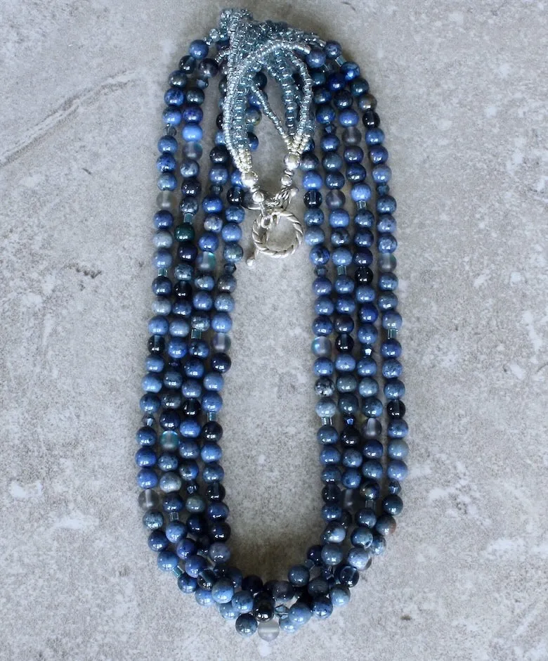 Sunset Dumortierite Rounds 4-Strand Necklace with Czech Glass and Sterling Silver