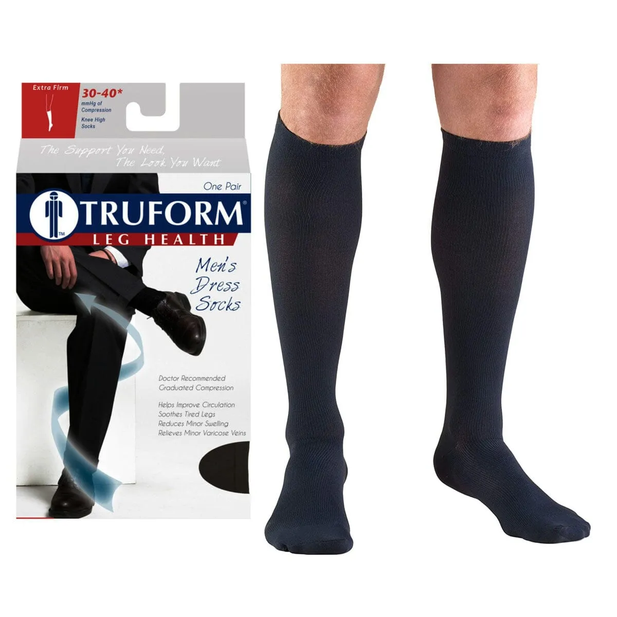 Surgical Appliance Truform® Men's Dress Support Socks, Knee High, Closed Toe, 30 to 40mmHg, Large, Navy