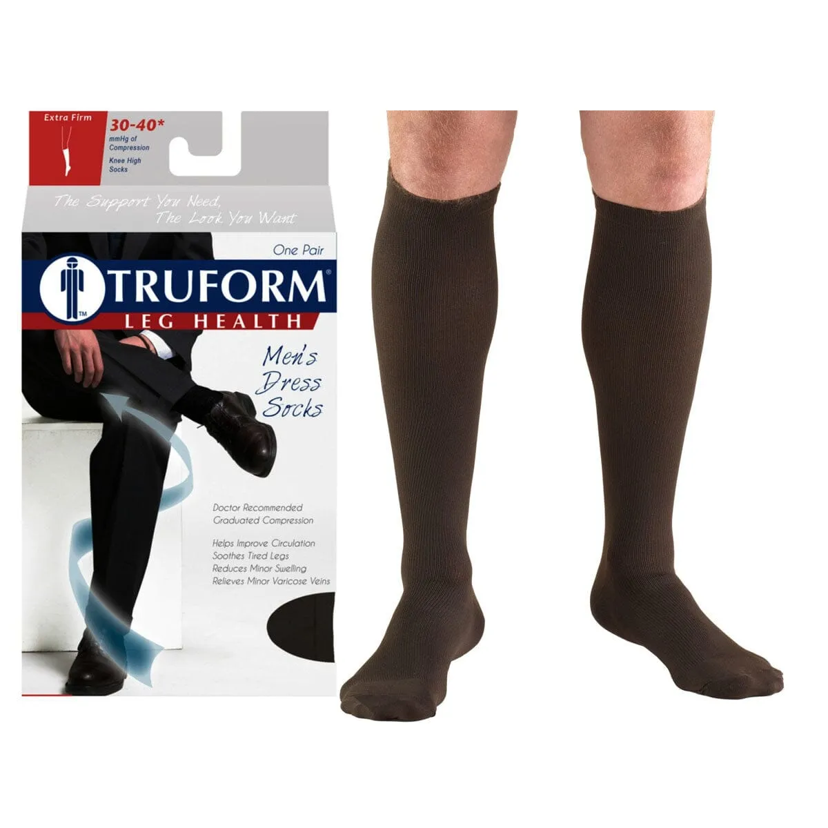 Surgical Appliance Truform® Men's Dress Support Socks, Knee High, Closed Toe, 30 to 40mmHg, Small, Brown