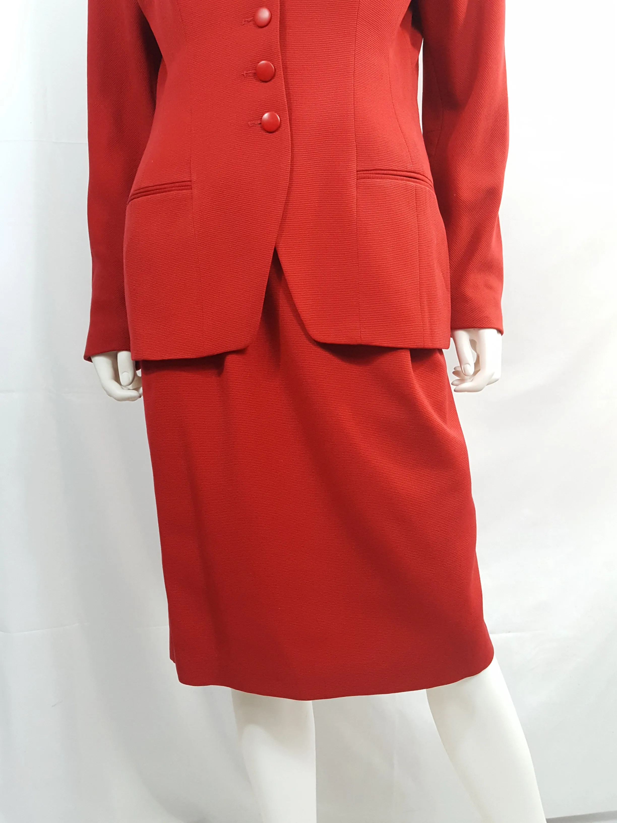 TAHARI Vintage 1980 Red Ribbed Twill Wool Skirt Suit size 12