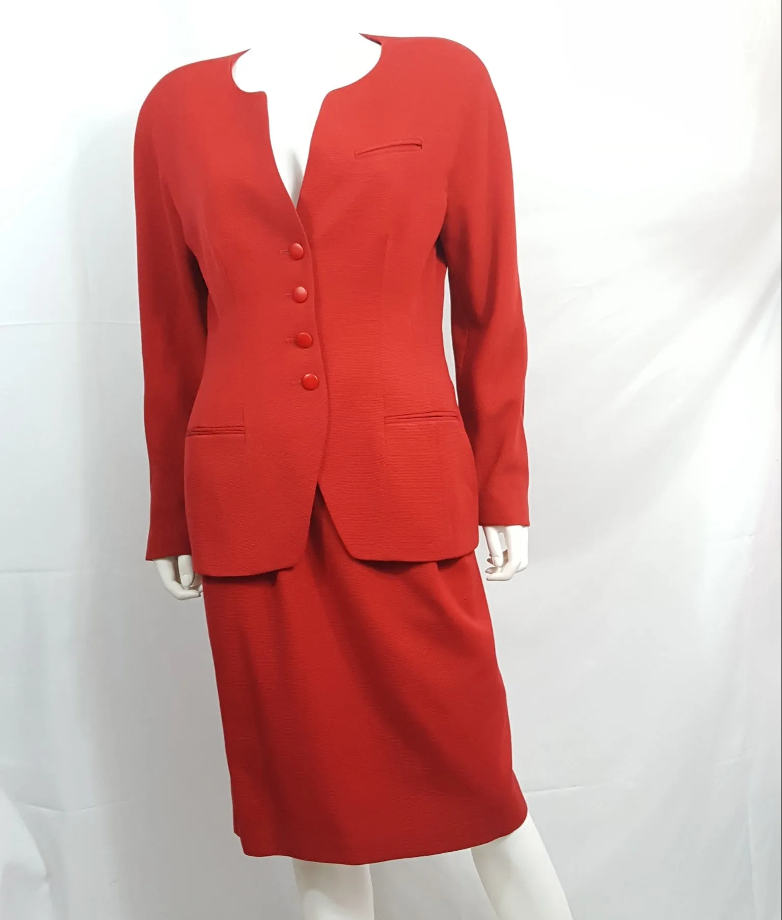 TAHARI Vintage 1980 Red Ribbed Twill Wool Skirt Suit size 12