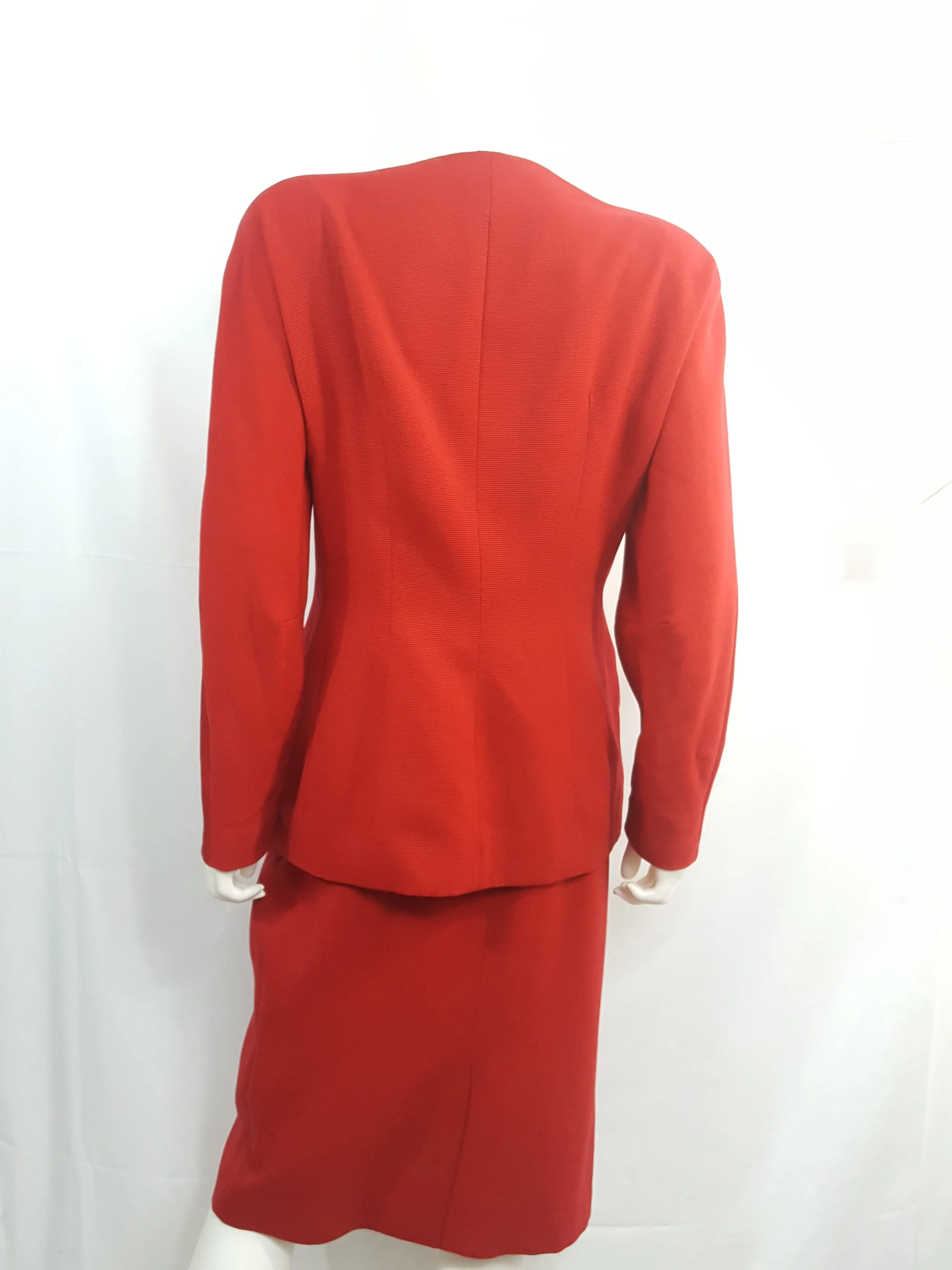 TAHARI Vintage 1980 Red Ribbed Twill Wool Skirt Suit size 12