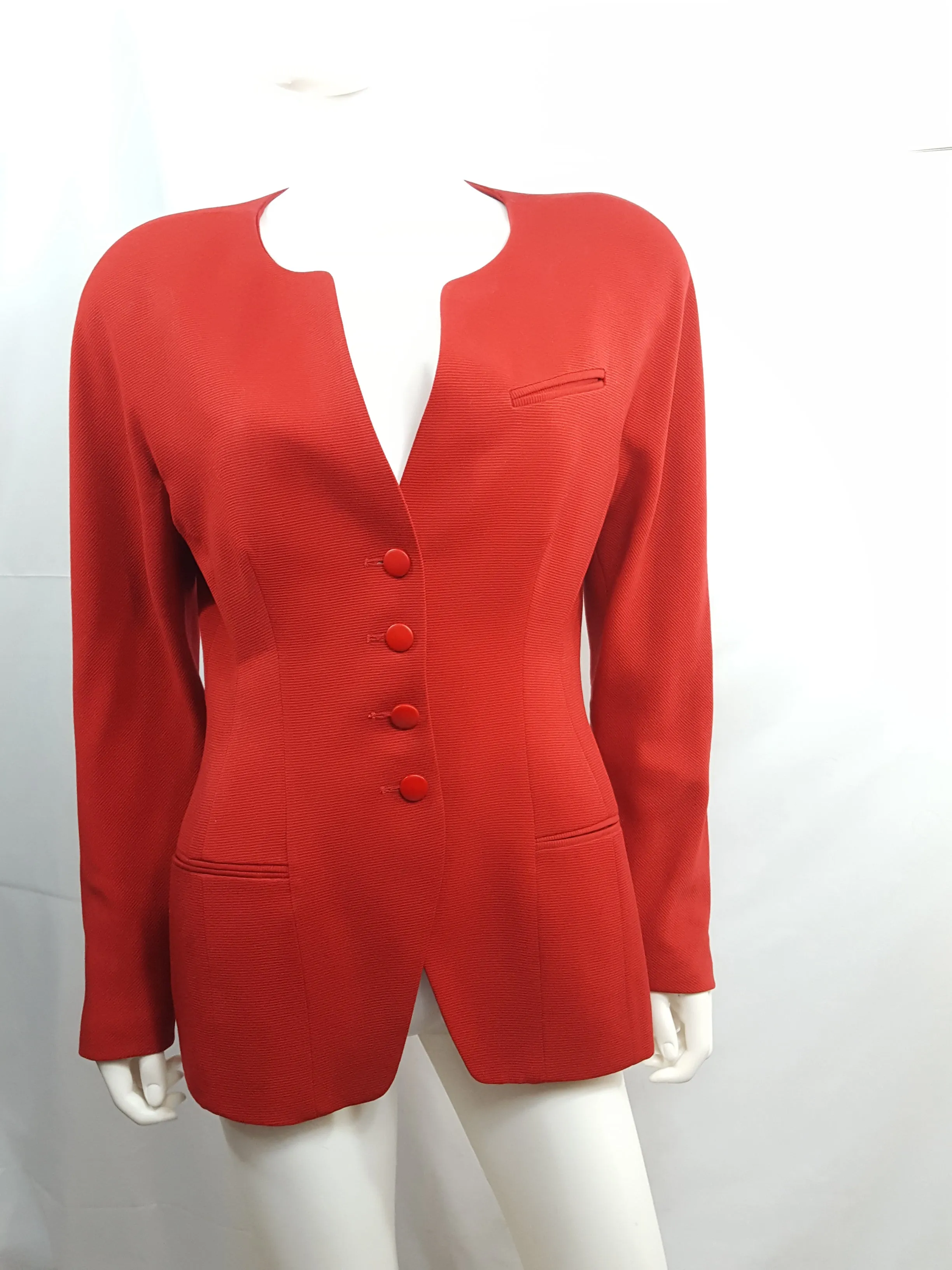 TAHARI Vintage 1980 Red Ribbed Twill Wool Skirt Suit size 12