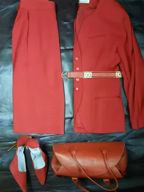 TAHARI Vintage 1980 Red Ribbed Twill Wool Skirt Suit size 12