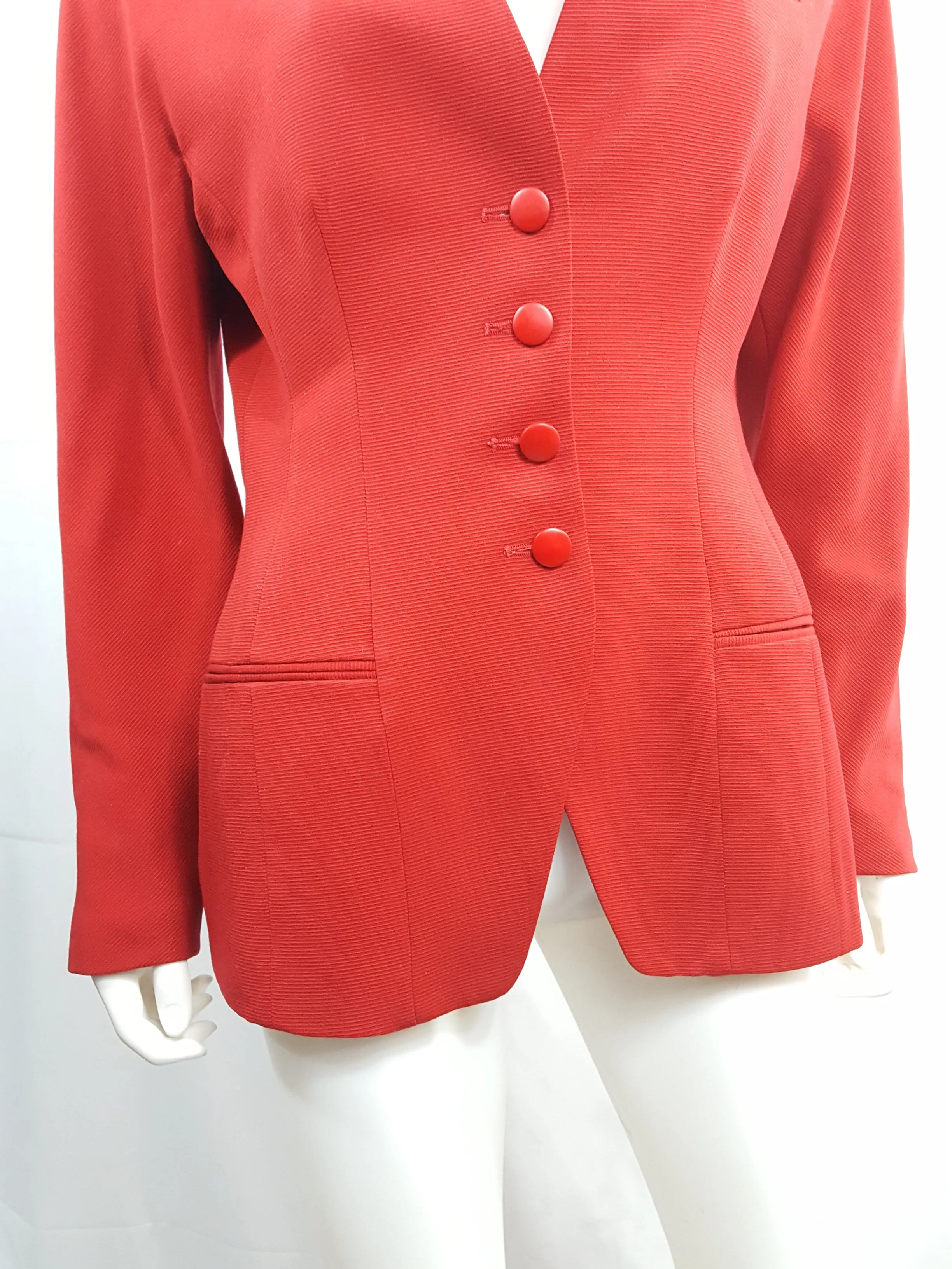 TAHARI Vintage 1980 Red Ribbed Twill Wool Skirt Suit size 12