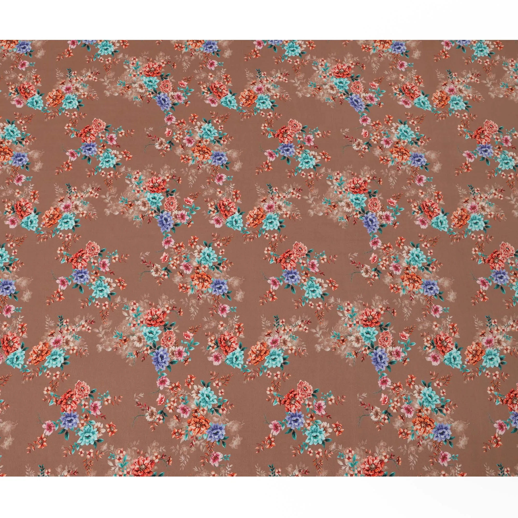 Taupe Viscose Fabric with Multicolor Floral Digital Print, 110 cm Width-D20632