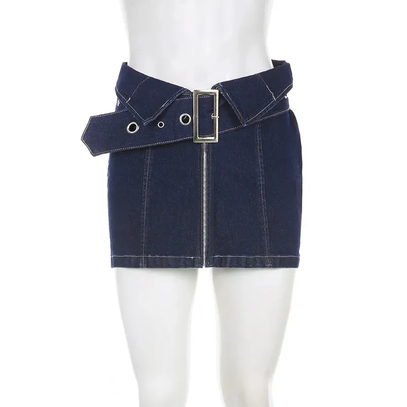 TAVIMART  -  Blue Mini Skirts Front Zip Short Denim Skirt Women 2000s Y2k Vintage Clothes Summer Zipper A Line Pencil Skirt Metal Wide Belt