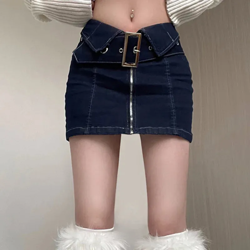 TAVIMART  -  Blue Mini Skirts Front Zip Short Denim Skirt Women 2000s Y2k Vintage Clothes Summer Zipper A Line Pencil Skirt Metal Wide Belt