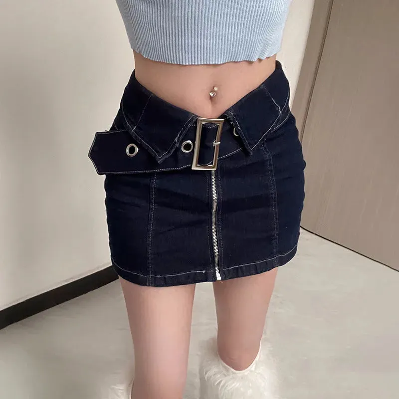 TAVIMART  -  Blue Mini Skirts Front Zip Short Denim Skirt Women 2000s Y2k Vintage Clothes Summer Zipper A Line Pencil Skirt Metal Wide Belt