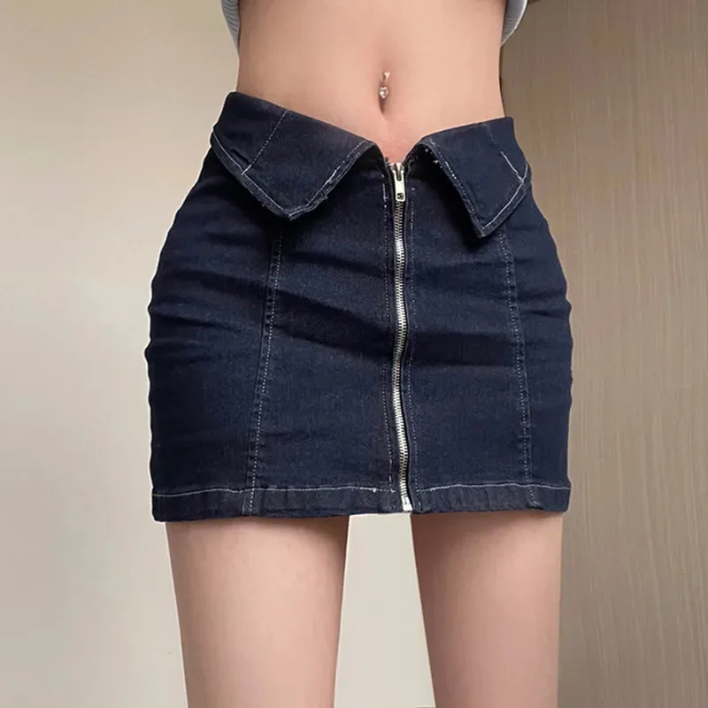 TAVIMART  -  Blue Mini Skirts Front Zip Short Denim Skirt Women 2000s Y2k Vintage Clothes Summer Zipper A Line Pencil Skirt Metal Wide Belt