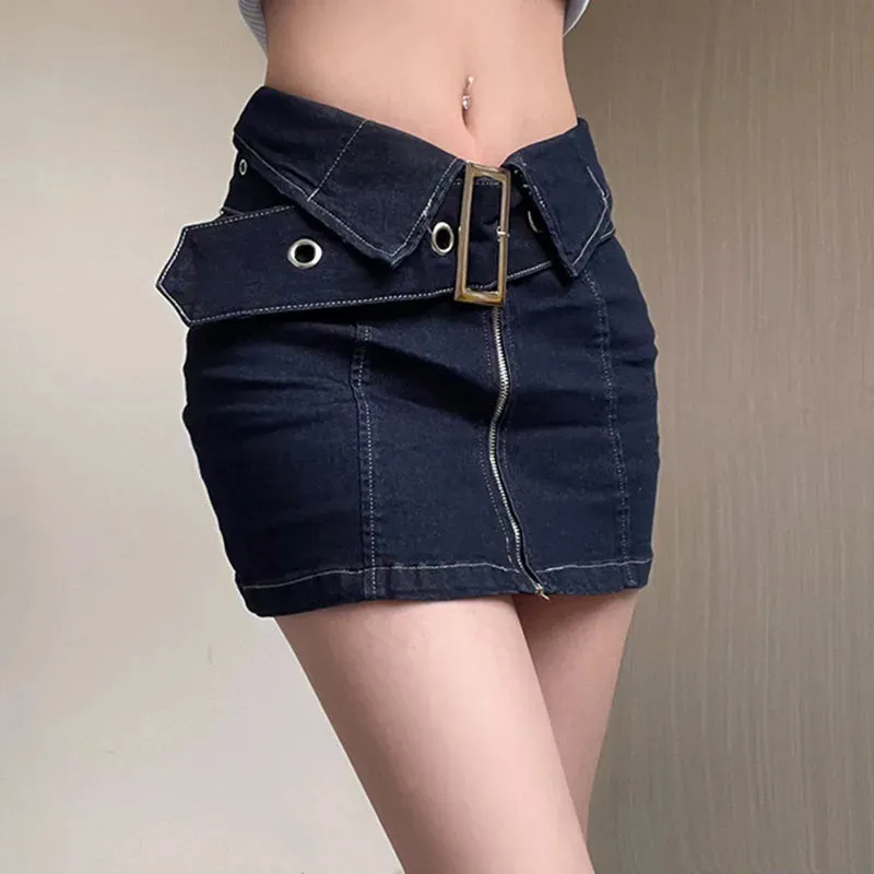 TAVIMART  -  Blue Mini Skirts Front Zip Short Denim Skirt Women 2000s Y2k Vintage Clothes Summer Zipper A Line Pencil Skirt Metal Wide Belt