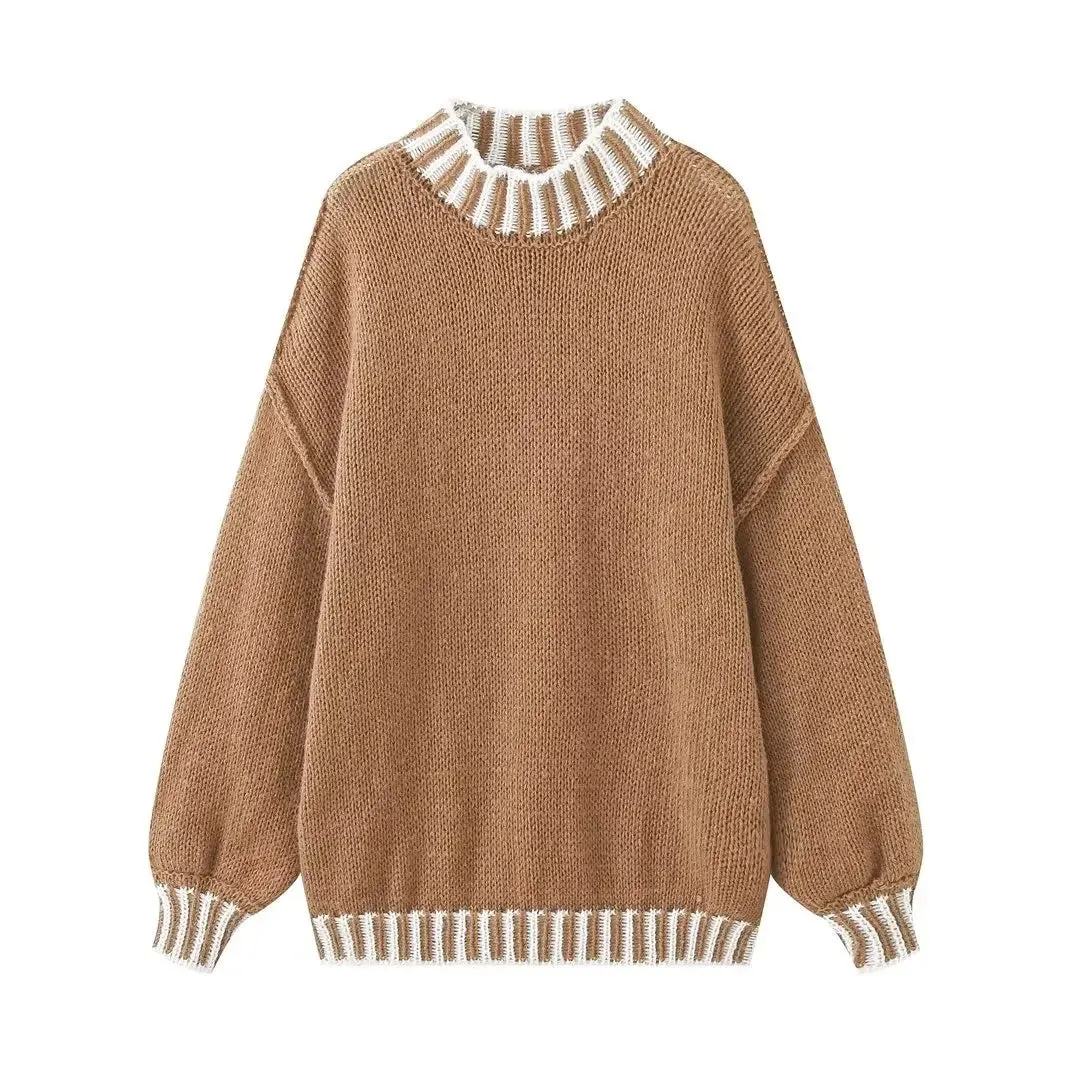 TAVIMART  -  Fashion Turtleneck Patchwork Oversize Sweater Women Chic Lantern Long Sleeve Loose Knitted Pullover Autumn Lady Warm Knitwear