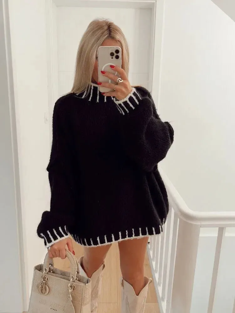 TAVIMART  -  Fashion Turtleneck Patchwork Oversize Sweater Women Chic Lantern Long Sleeve Loose Knitted Pullover Autumn Lady Warm Knitwear