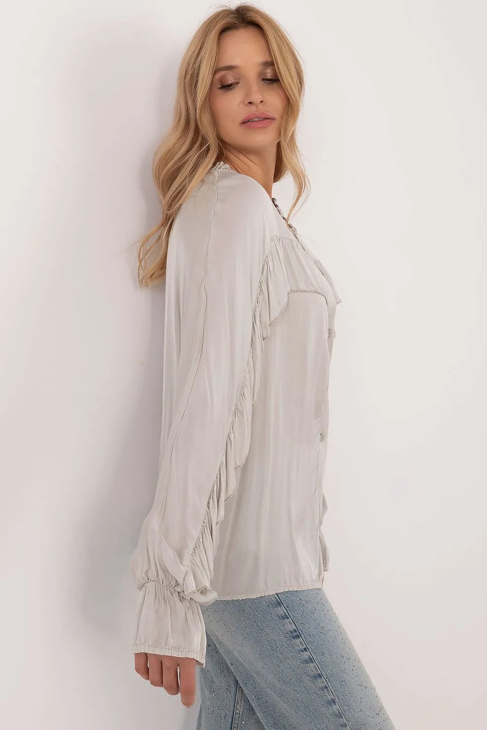 TEEK - Grey Ruffled Button Up Long Sleeve Shirt