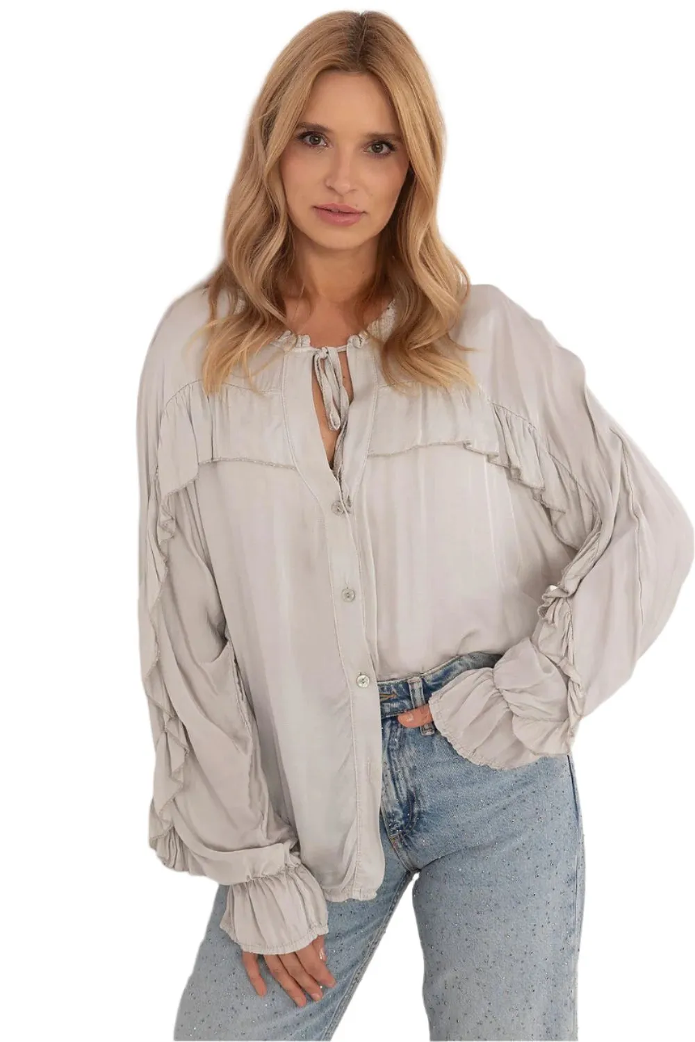 TEEK - Grey Ruffled Button Up Long Sleeve Shirt