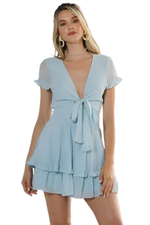 TEEK - Steel Blue V Neck Tiered Mini Romper